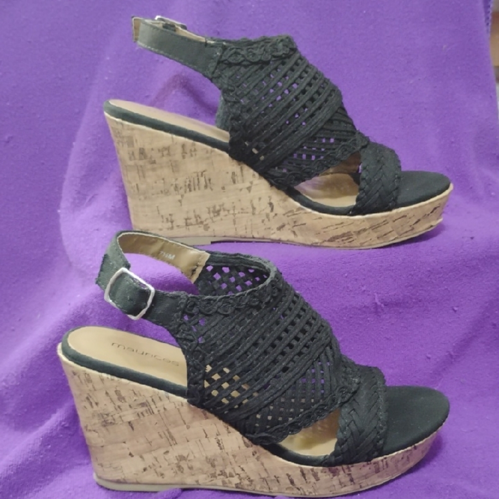 Maurices Stylish Black With Tan Cork Wedge Sandals 7.5